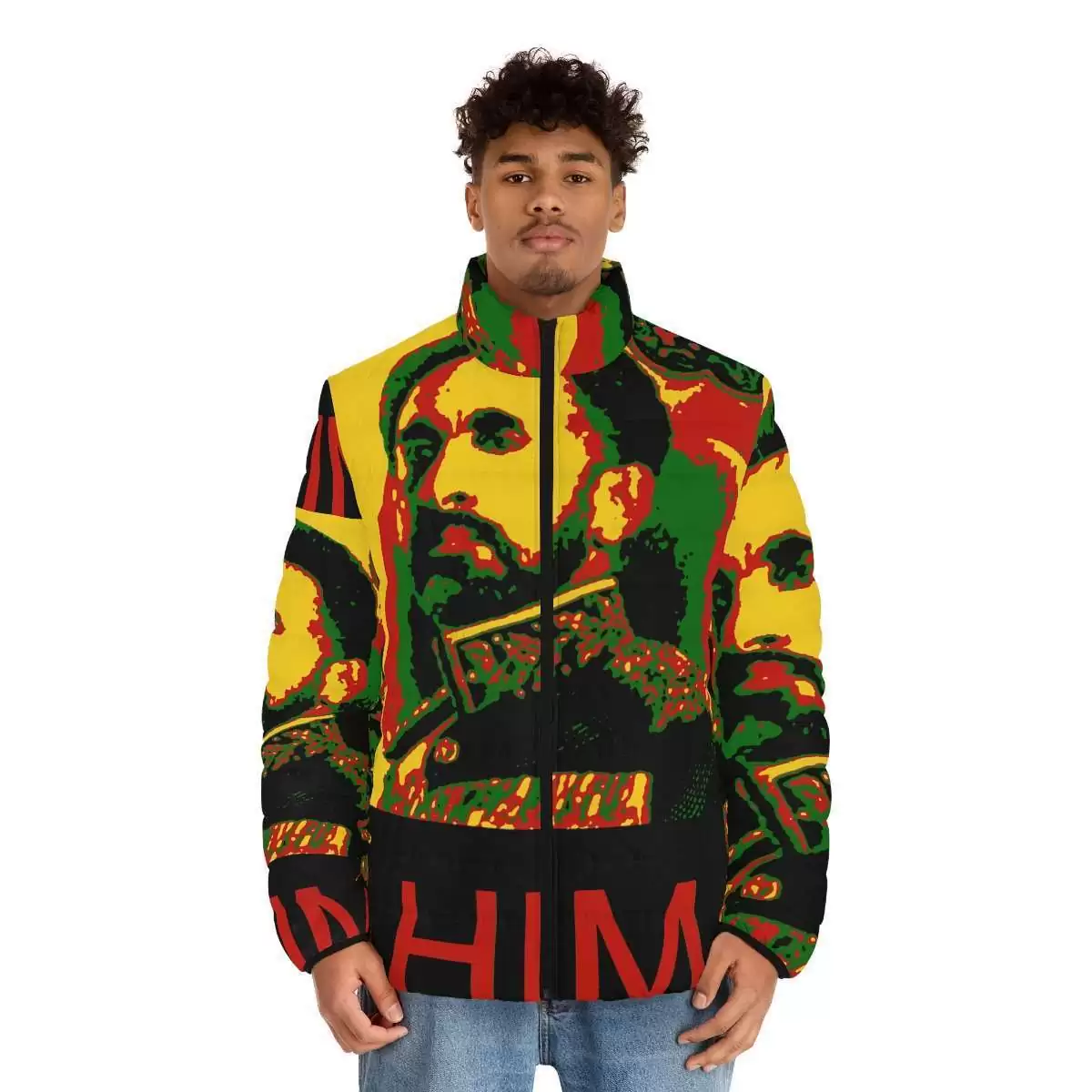 Haile Selassie Puffer jacket model front Rastaseed.com