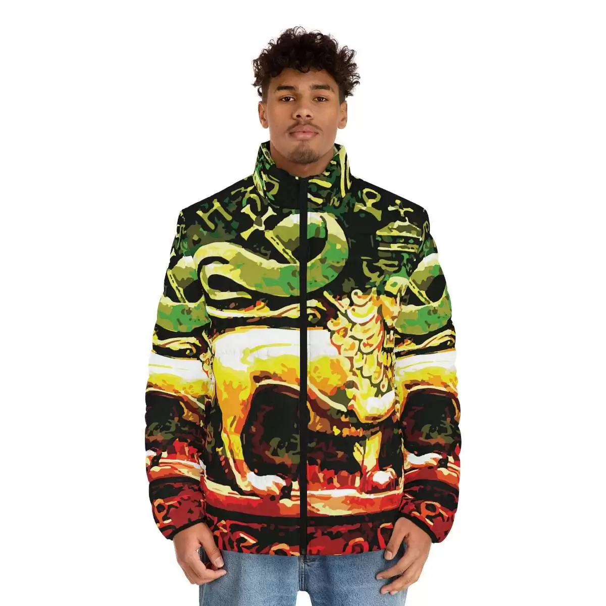 Abstract Lion of Judah Puffer Jacket model front view