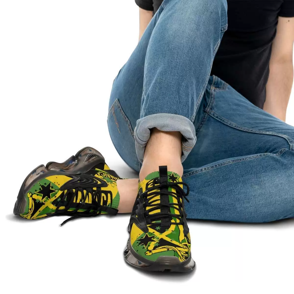 Jamaican sneakers in original Jamaica design and colors at staging.rastaseed.com . Black sole model view