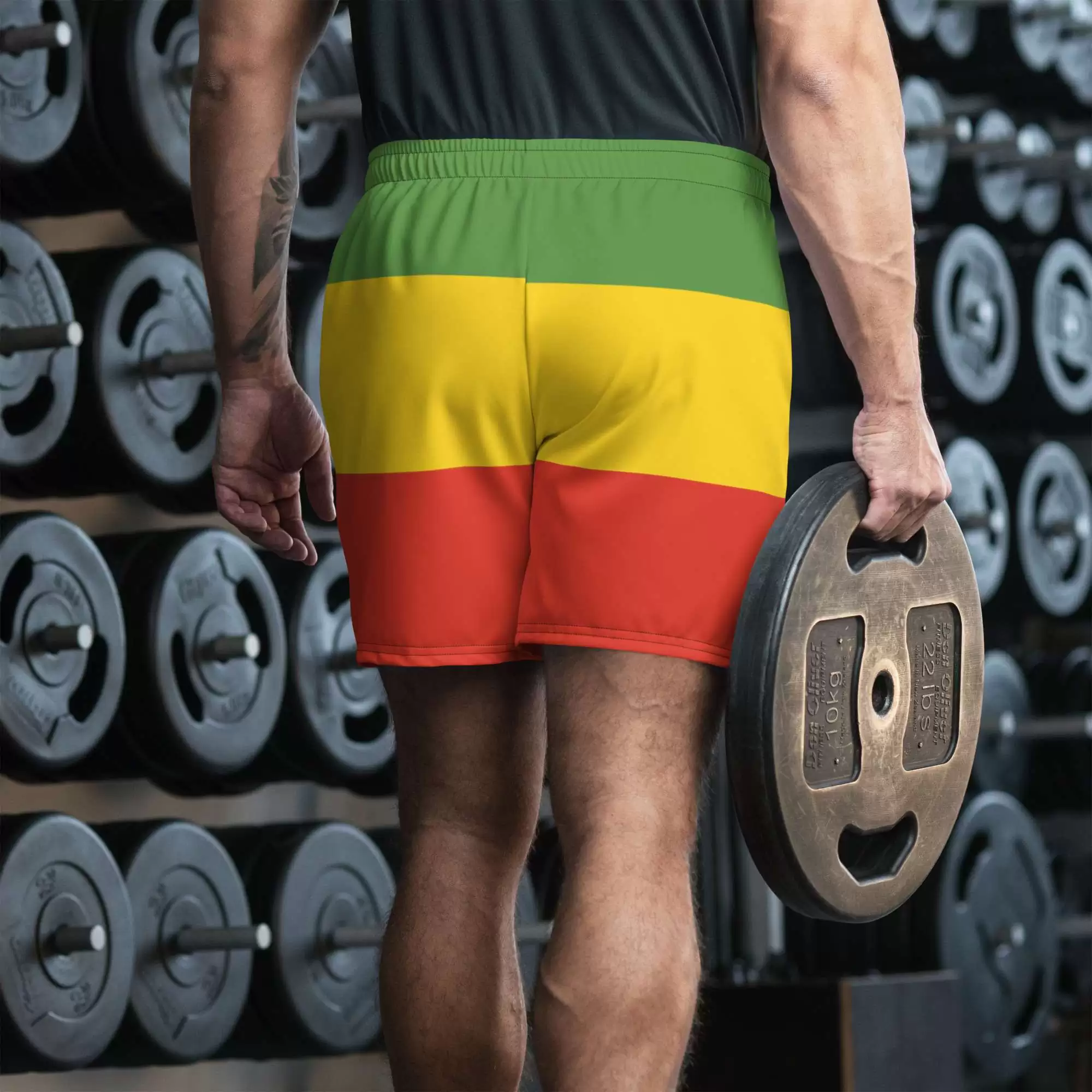 Rasta shorts back view at Rastaseed.com streetwear. Great for surfing, swimming and sports as they are quick dry and 96% recycled polyester.