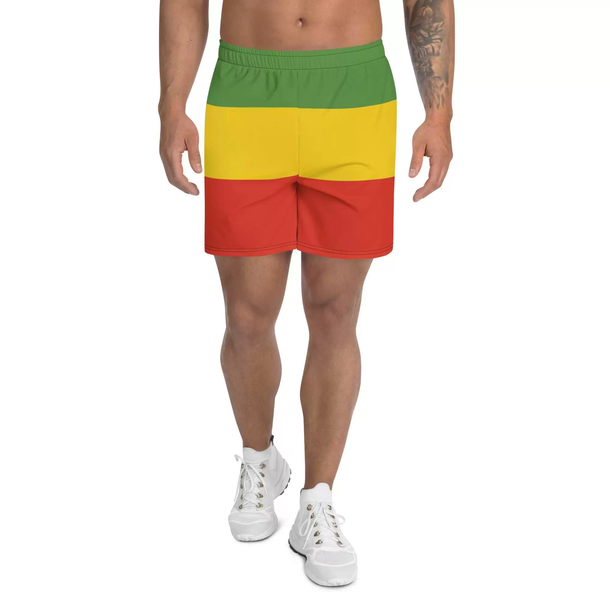 Rasta shorts front view at Rastaseed.com streetwear. Great for surfing, swimming and sports as they are quick dry and 96% recycled polyester.