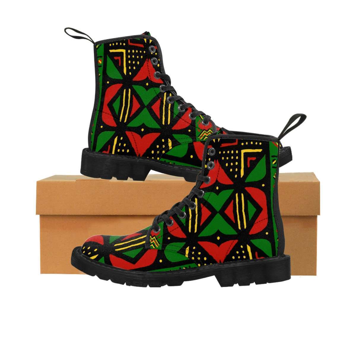 Rasta Africa Men's Canvas Boots black sole side view in vivid Reggae colors. Available in black or brown soles and all sizes. Rasta gear merchandise clothing and accessories.