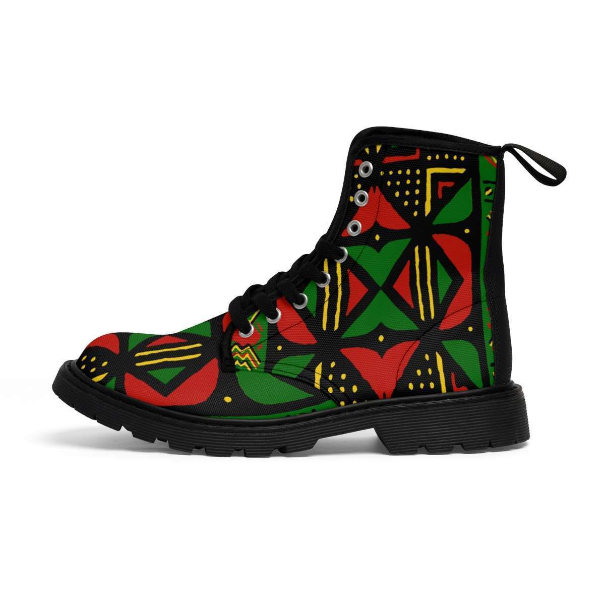 Rasta Africa Men's Canvas Boots black sole right inside view in vivid Reggae colors. Available in black or brown soles and all sizes. Rasta gear merchandise clothing and accessories.
