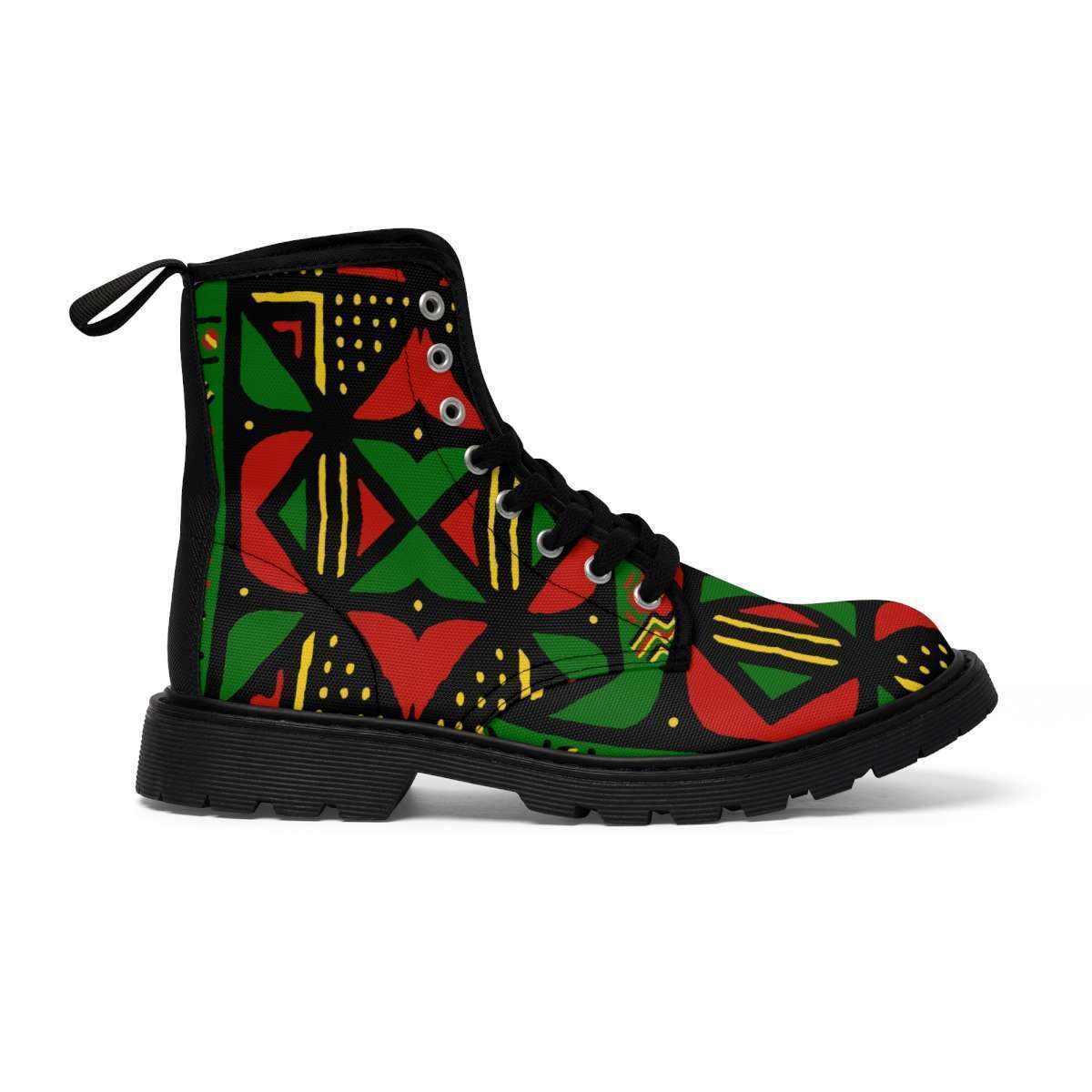 Rasta Africa Men's Canvas Boots black sole right outside view in vivid Reggae colors. Available in black or brown soles and all sizes. Rasta gear merchandise clothing and accessories.