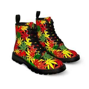 Rasta Hemp Boots top view made from canvas with a hemp leaf pattern in the Rasta colors. Jamcian Reggae and Rasta wear clothing store.