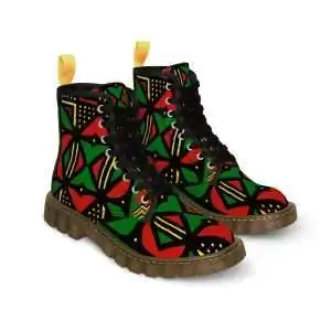 Rasta Africa Men's Canvas Boots brown sole front view in vivid Reggae colors. Available in black or brown soles and all sizes. Rasta gear merchandise clothing and accessories.