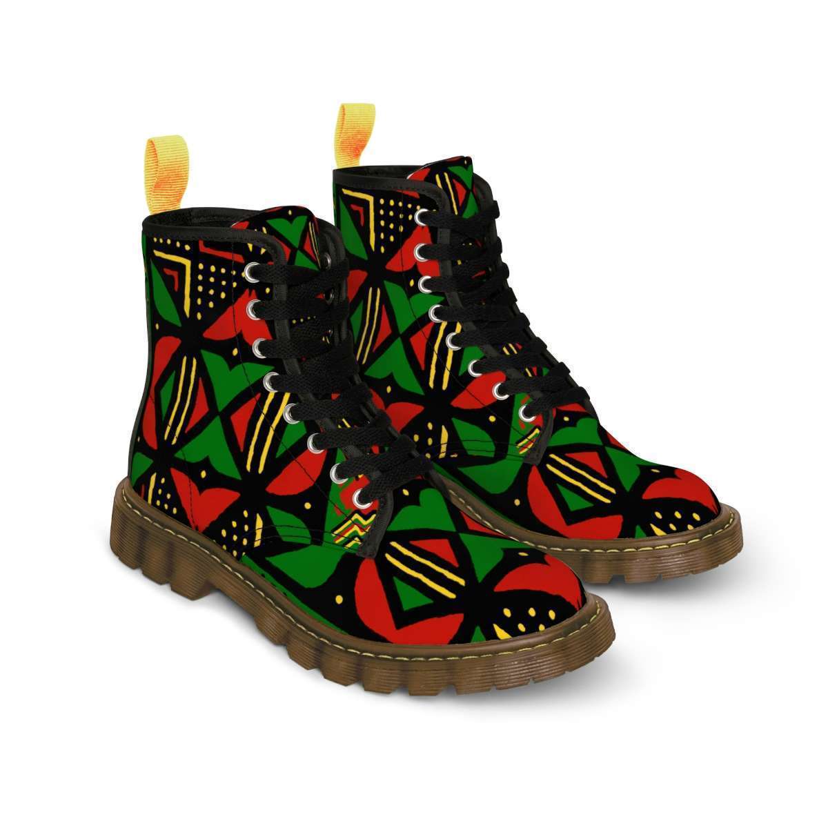Rasta Africa Men's Canvas Boots brown sole front view in vivid Reggae colors. Available in black or brown soles and all sizes. Rasta gear merchandise clothing and accessories.