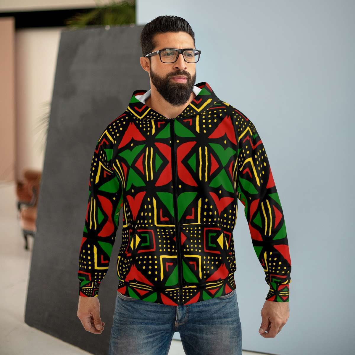 Rasta African Zip Hoodie in the Rasta colors. Inspired by African mud cloth design. Rastafarian clothing and Rasta wear in red gold and green.