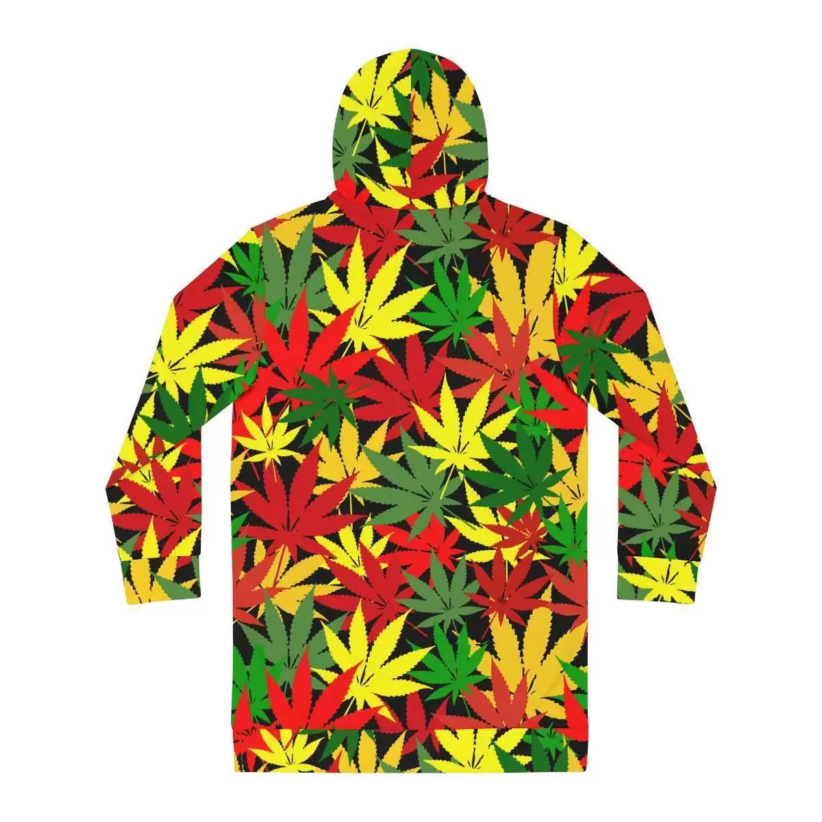 Rasta Hemp Hoodie Dress back view with vivid hemp leaf design in the the Rastafarian Reggae colors. Warm and original reggae dress at Rastaseed.com