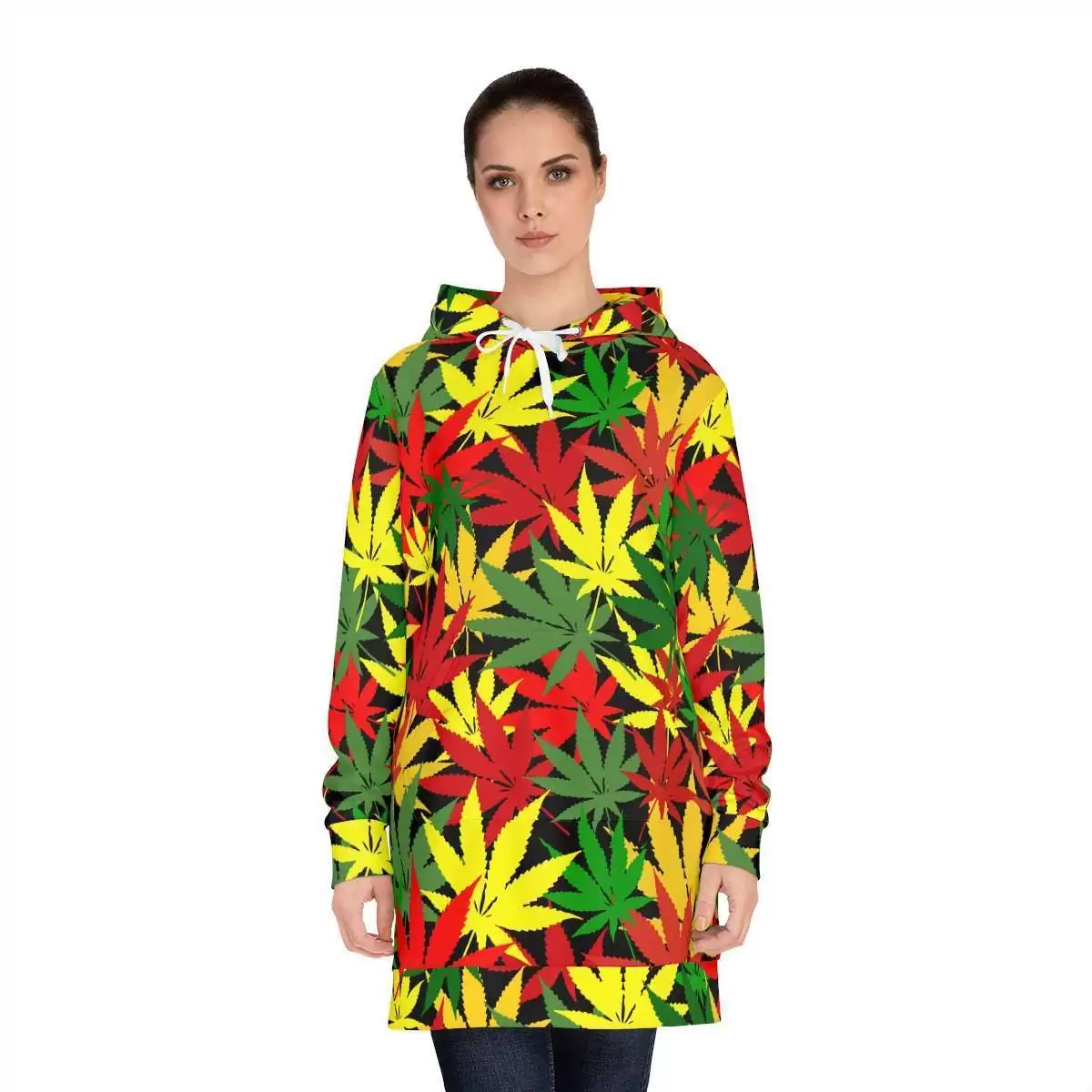 Rasta Hemp Hoodie Dress front model view with vivid hemp leaf design in the the Rastafarian Reggae colors. Warm and original reggae dress at Rastaseed.com