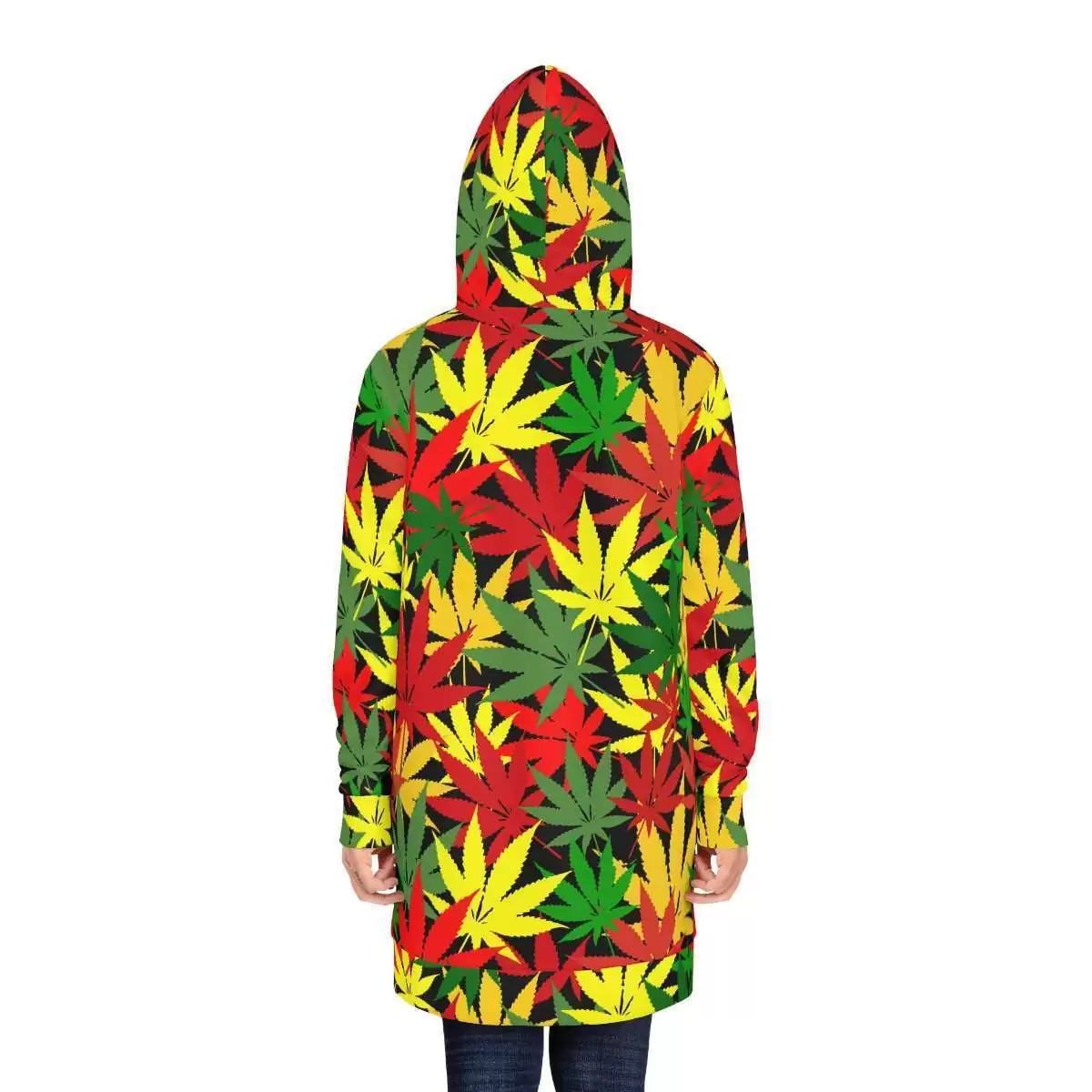 Rasta Hemp Hoodie Dress back model view with vivid hemp leaf design in the the Rastafarian Reggae colors. Warm and original reggae dress at Rastaseed.com