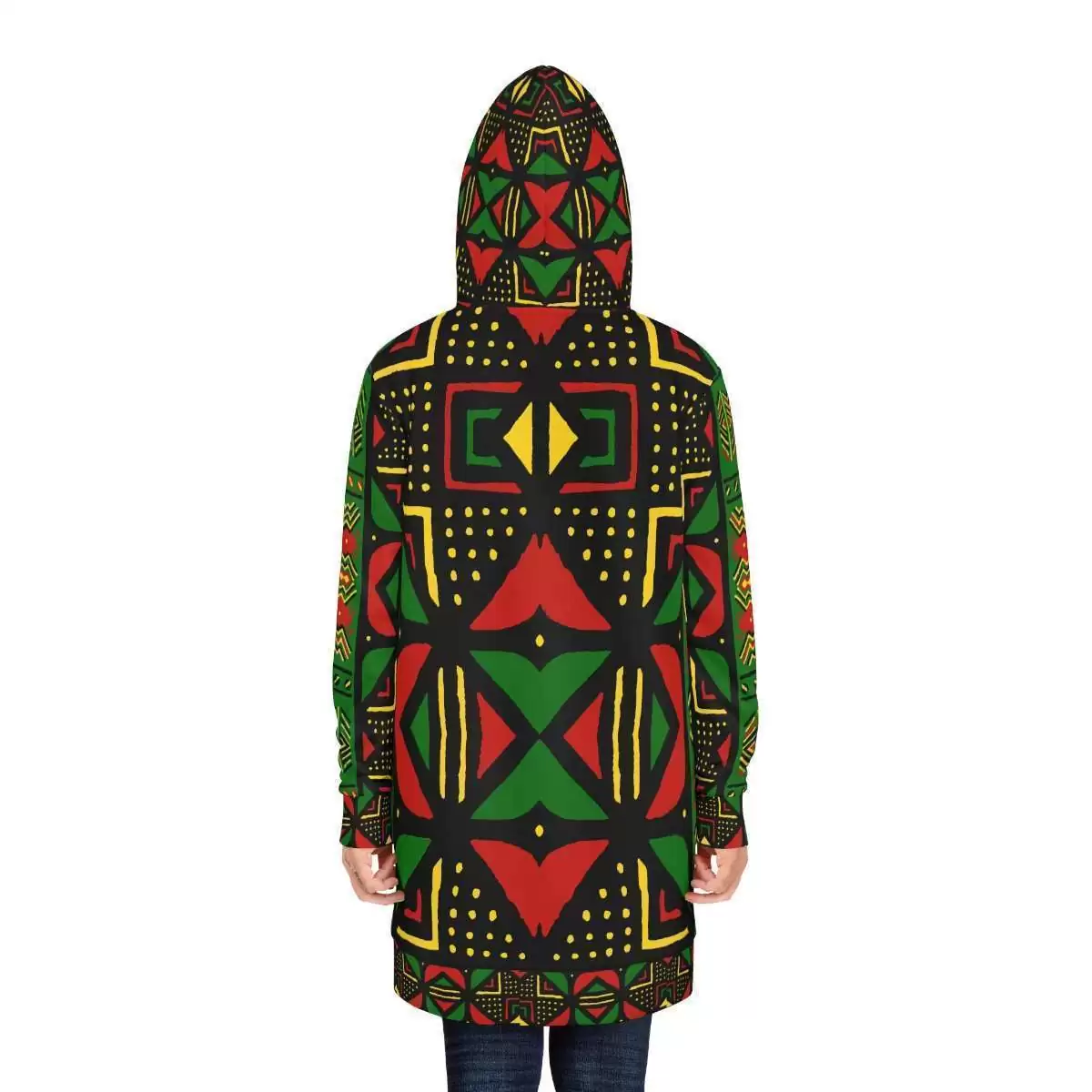 Rasta Africa Hoodie Dress model back view in vibrant reggae colors. Tribal design at Rastaseed original Rasta wear clothing, shoes and accessories.