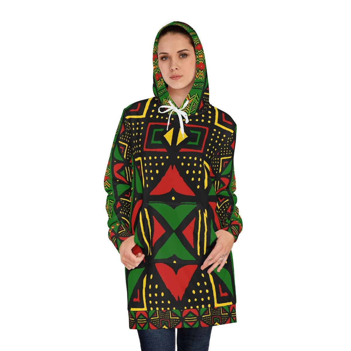 Rasta Africa Hoodie Dress model front view in vibrant reggae colors. Tribal design at Rastaseed original Rasta wear clothing, shoes and accessories.