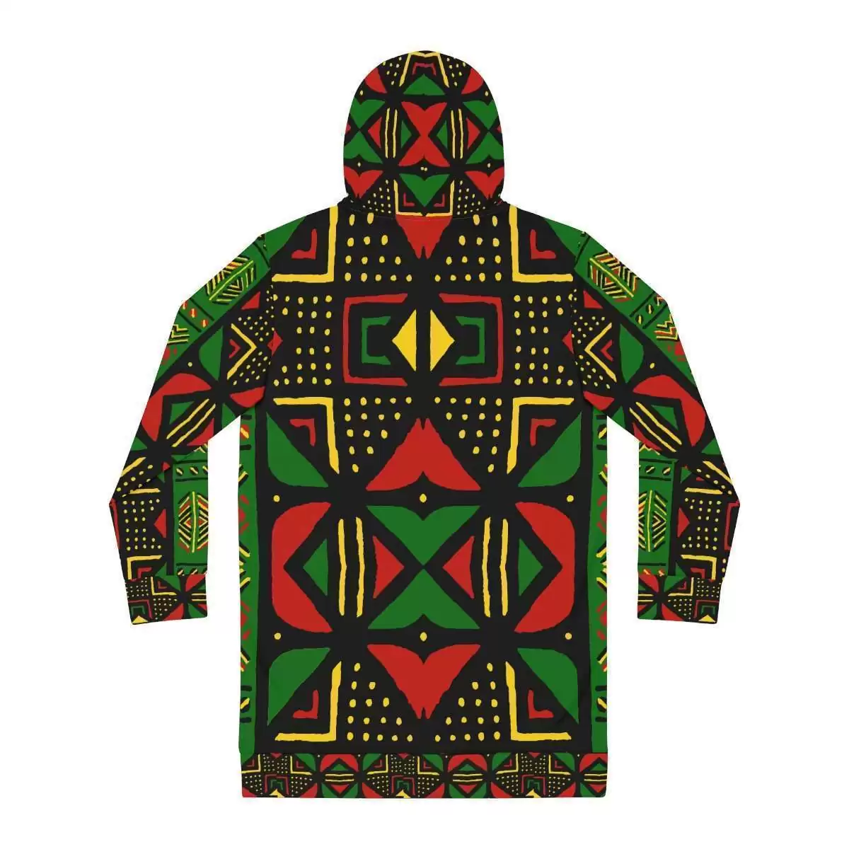 Rasta Africa Hoodie Dress back view in vibrant reggae colors. Tribal design at Rastaseed original Rasta wear clothing, shoes and accessories.