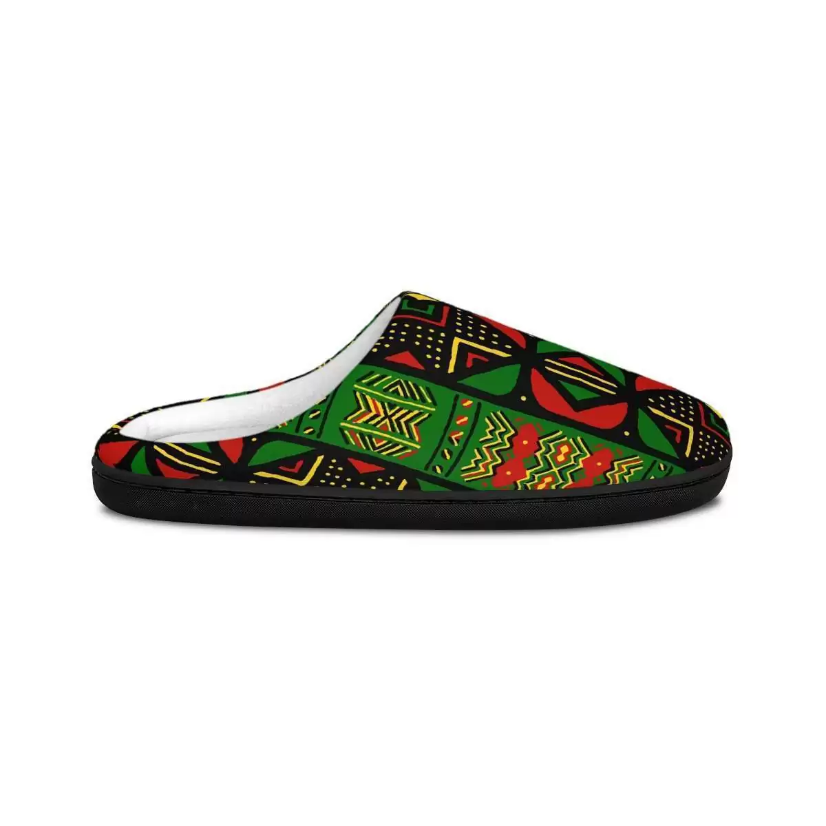 Rasta Africa Mens Slippers left inside view in viviid Reggae colors. Soft, warm and comfortable. Rasta wear clothing shoes and accessories.