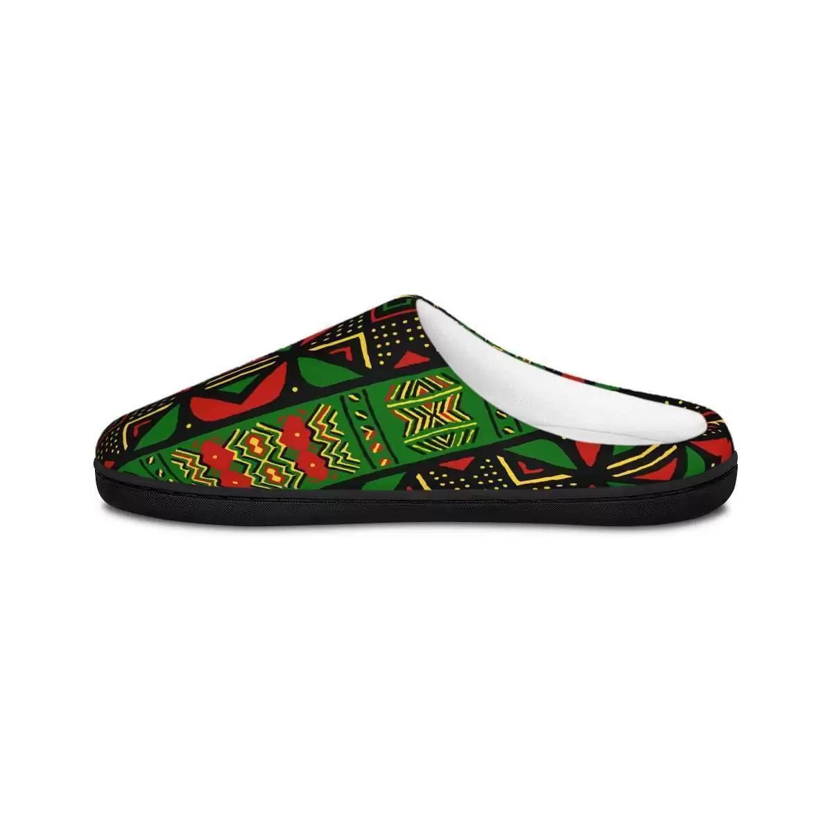 Rasta Africa Mens Slippers left outside view in viviid Reggae colors. Soft, warm and comfortable. Rasta wear clothing shoes and accessories.