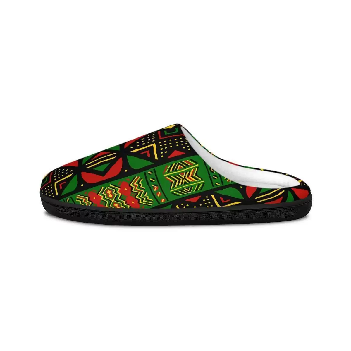 Rasta Africa Mens Slippers right outside view in viviid Reggae colors. Soft, warm and comfortable. Rasta wear clothing shoes and accessories.