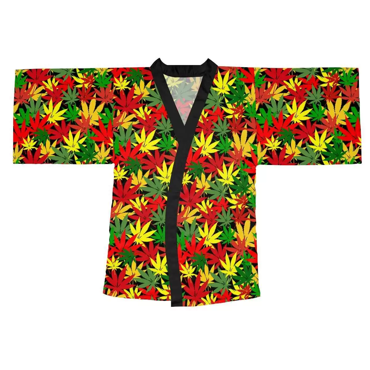 Rasta Hemp Kimono Robe front view with hemp leaf design in the Reggae colors. Vivid colourful robe in original pattern. Rastaseed merchandise and clothing.