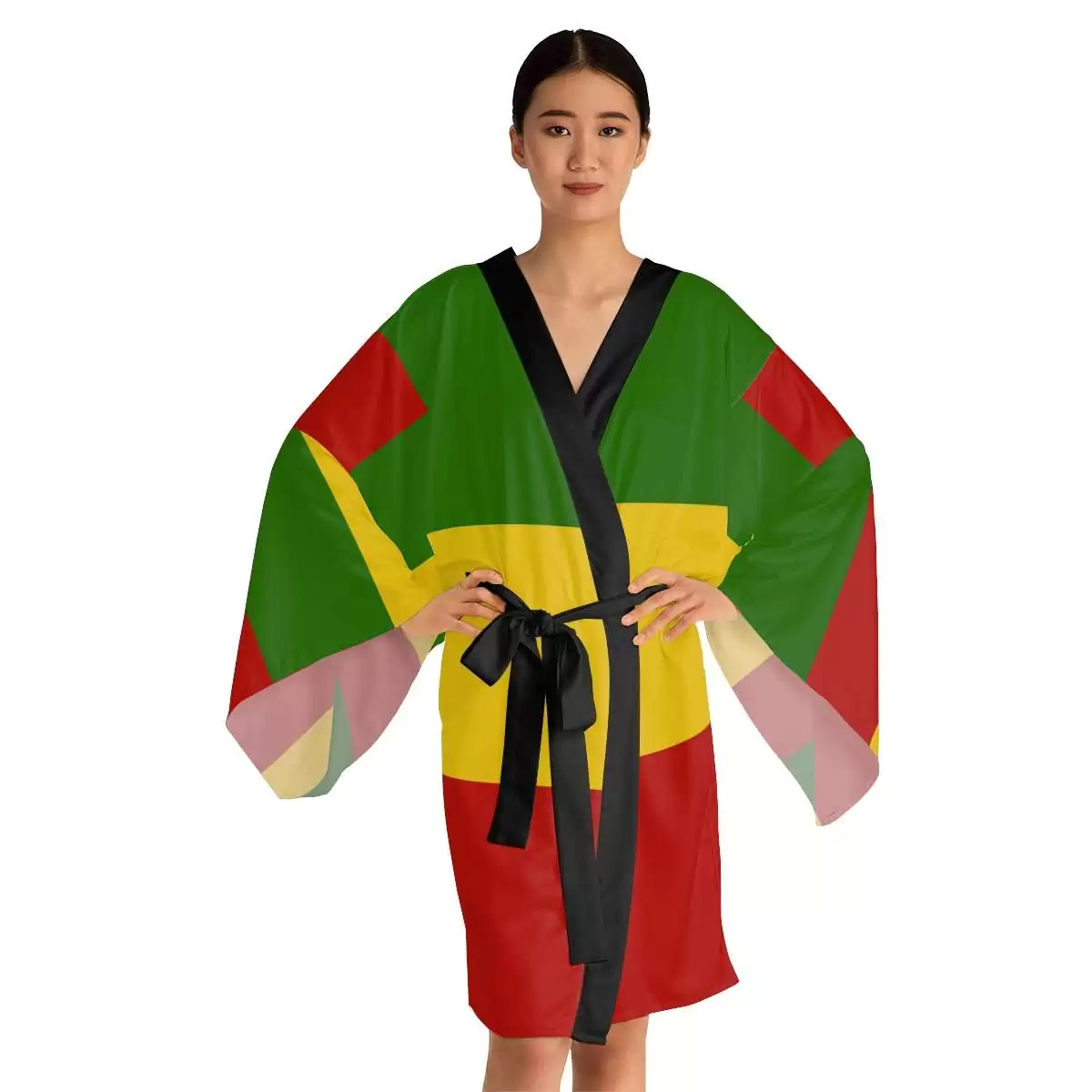 Rasta Kimono model front view in red gold and green with black tie and trim. Vivid colors to wear with Rasta satin pajamas. Original Reggae merchandise at Rastaseed.com
