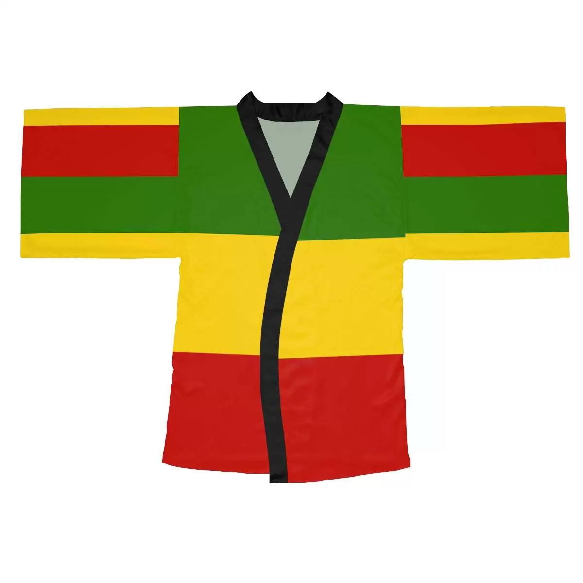 Rasta Kimono front view in red gold and green with black tie and trim. Vivid colors to wear with Rasta satin pajamas. Original Reggae merchandise at Rastaseed.com