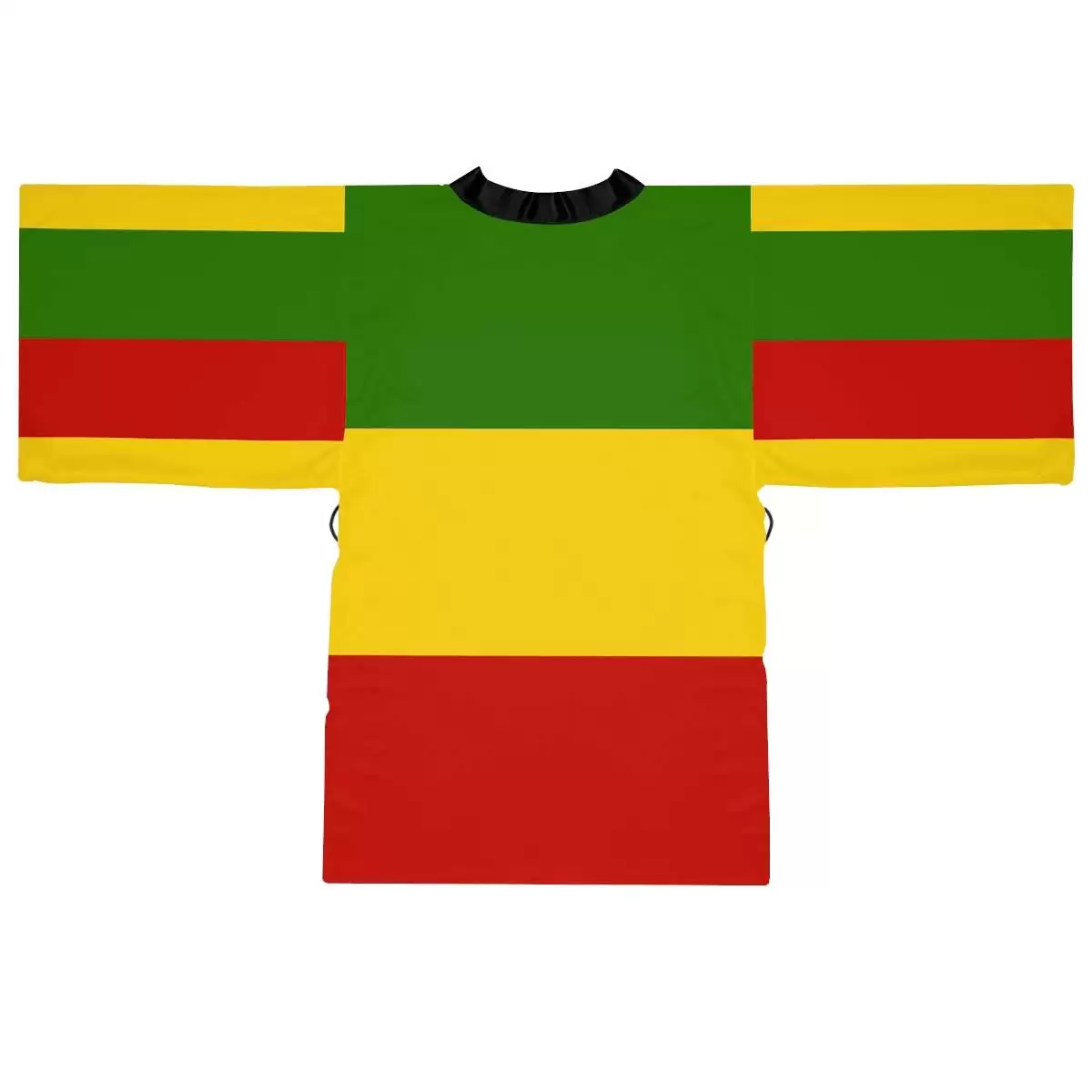 Rasta Kimono back view in red gold and green with black tie and trim. Vivid colors to wear with Rasta satin pajamas. Original Reggae merchandise at Rastaseed.com