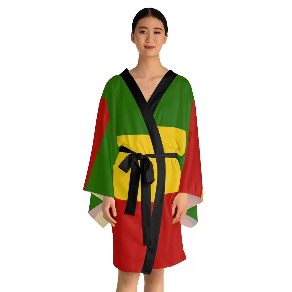 Rasta Kimono front model view in red gold and green with black tie and trim. Vivid colors to wear with Rasta satin pajamas. Original Reggae merchandise at Rastaseed.com