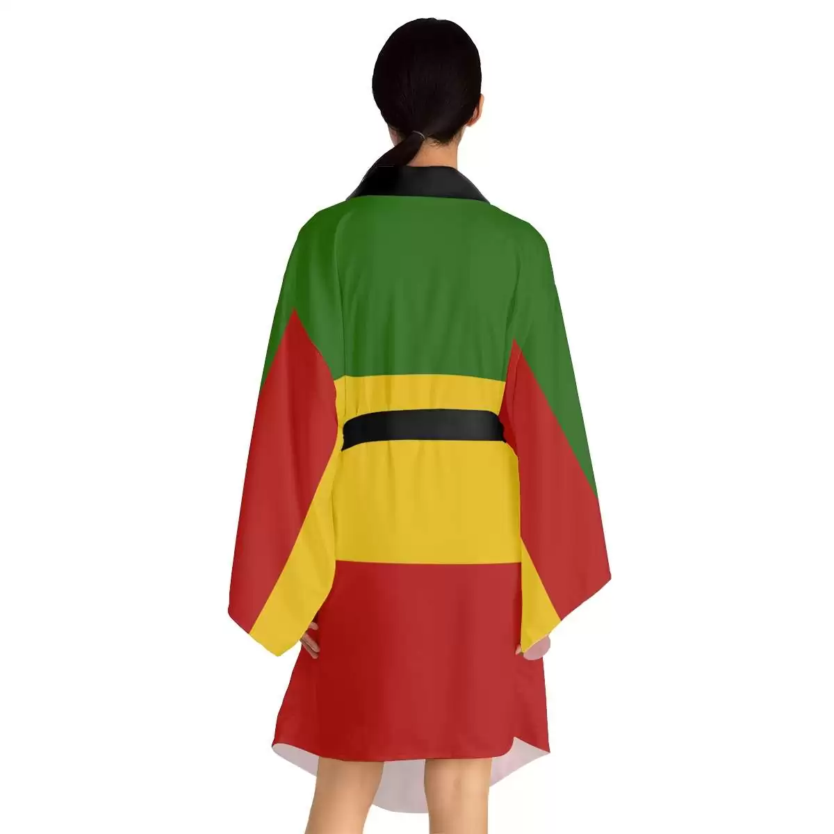 Rasta Kimono model back view in red gold and green with black tie and trim. Vivid colors to wear with Rasta satin pajamas. Original Reggae merchandise at Rastaseed.com