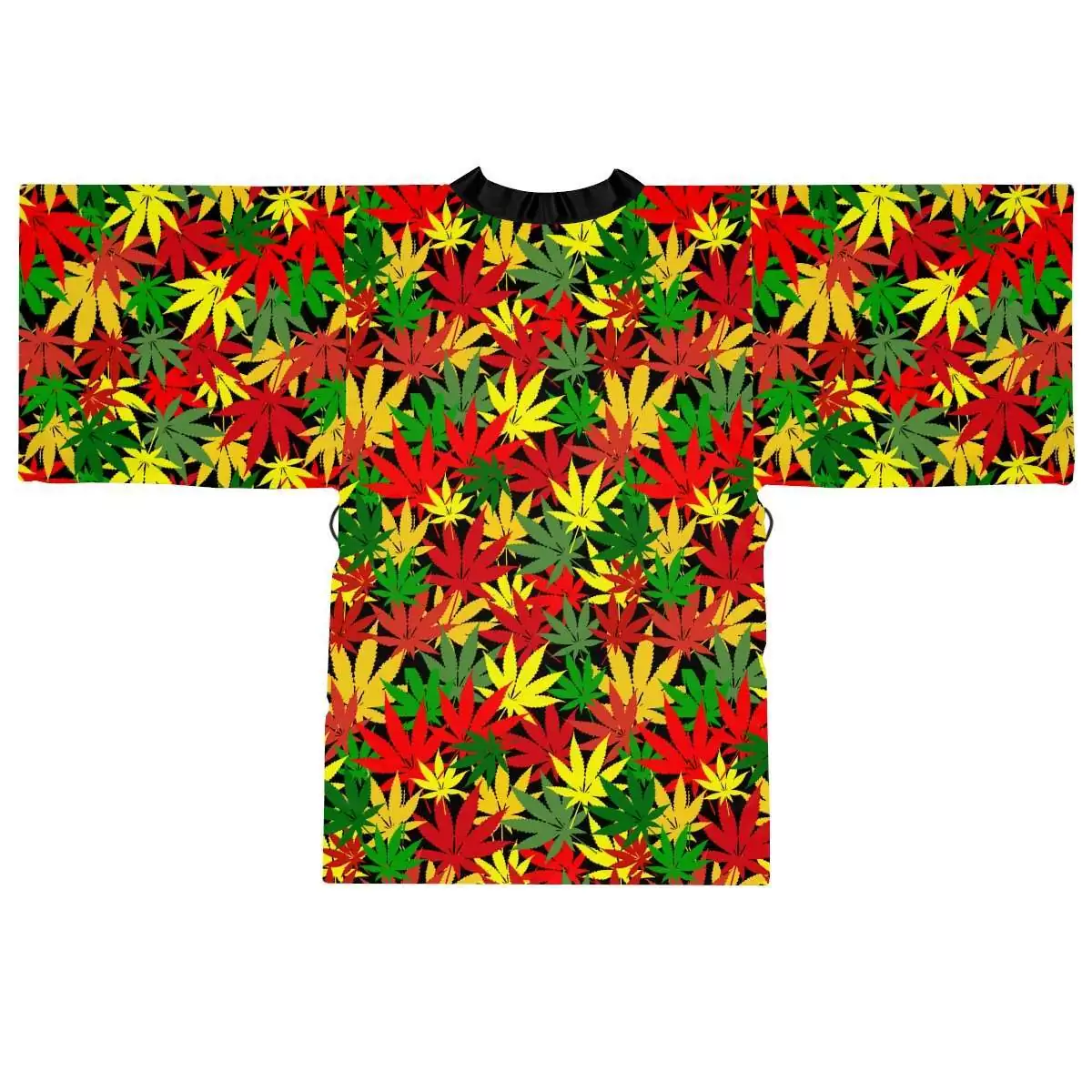Rasta Hemp Kimono Robe backview with hemp leaf design in the Reggae colors. Vivid colourful robe in original pattern. Rastaseed merchandise and clothing.