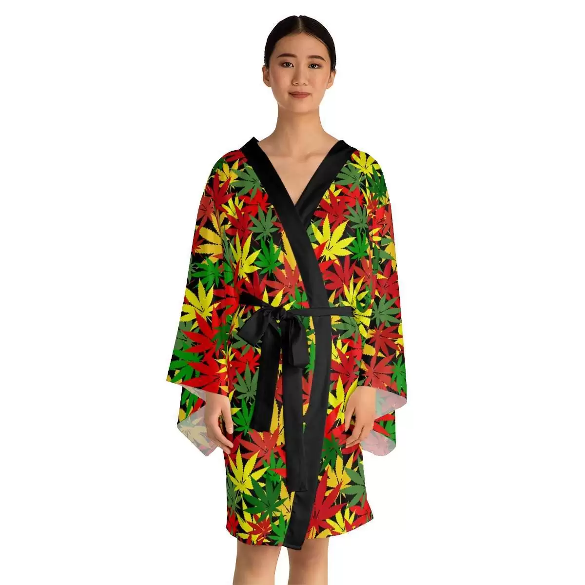 Rasta Hemp Kimono Robe front model view arms down with hemp leaf design in the Reggae colors. Vivid colourful robe in original pattern. Rastaseed merchandise and clothing.