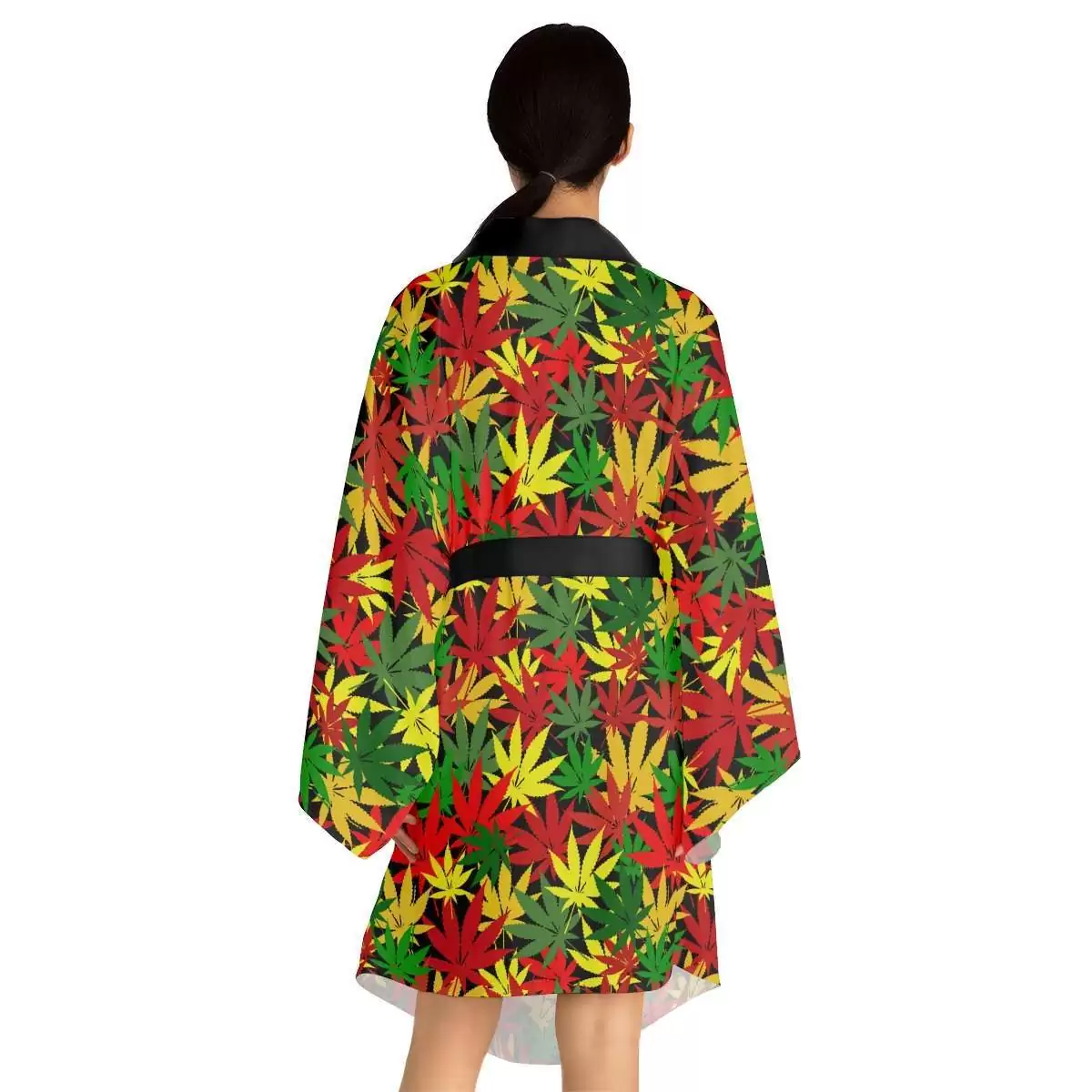 Rasta Hemp Kimono Robe back model view with hemp leaf design in the Reggae colors. Vivid colourful robe in original pattern. Rastaseed merchandise and clothing.