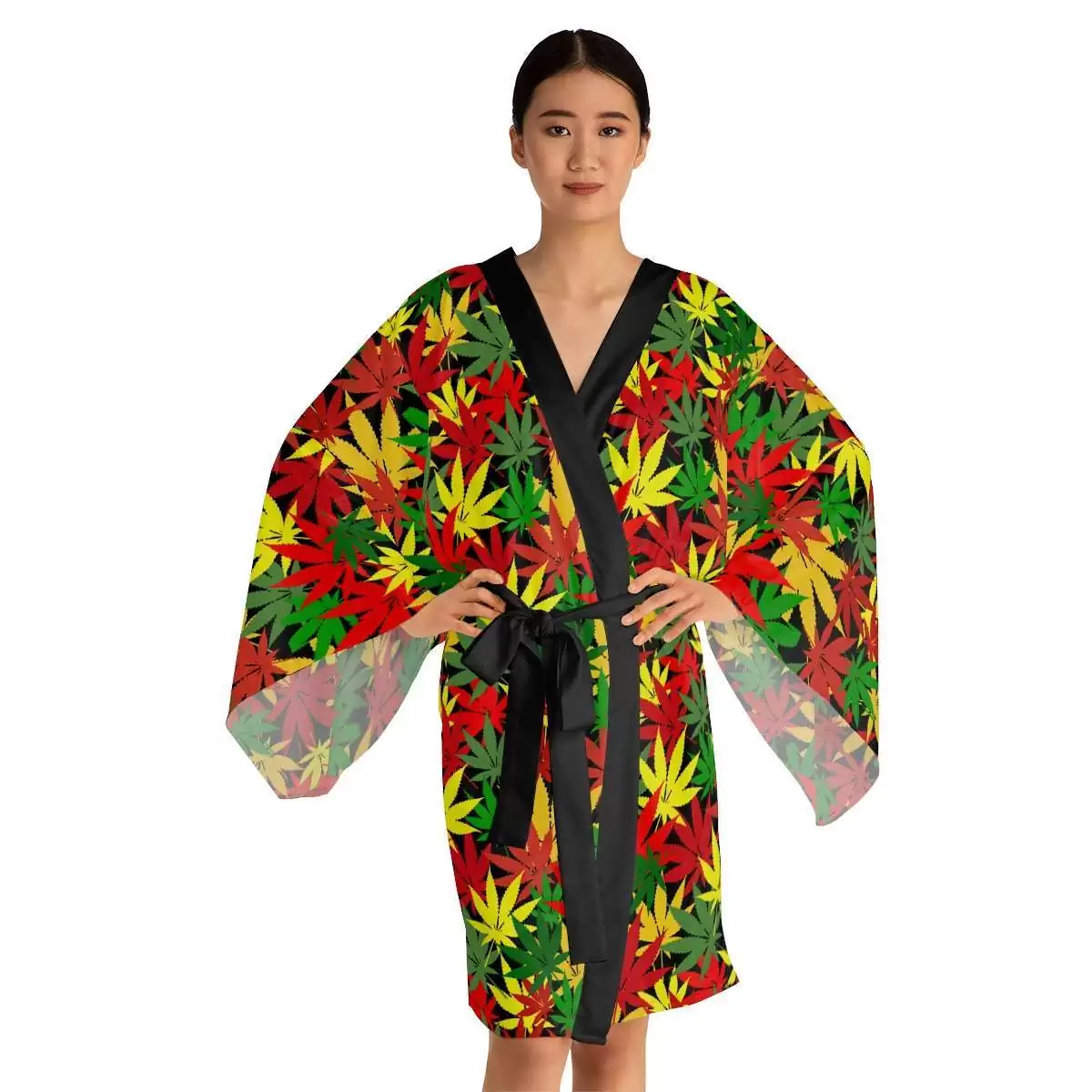 Rasta Hemp Kimono Robe front model view with hemp leaf design in the Reggae colors. Vivid colourful robe in original pattern. Rastaseed merchandise and clothing.