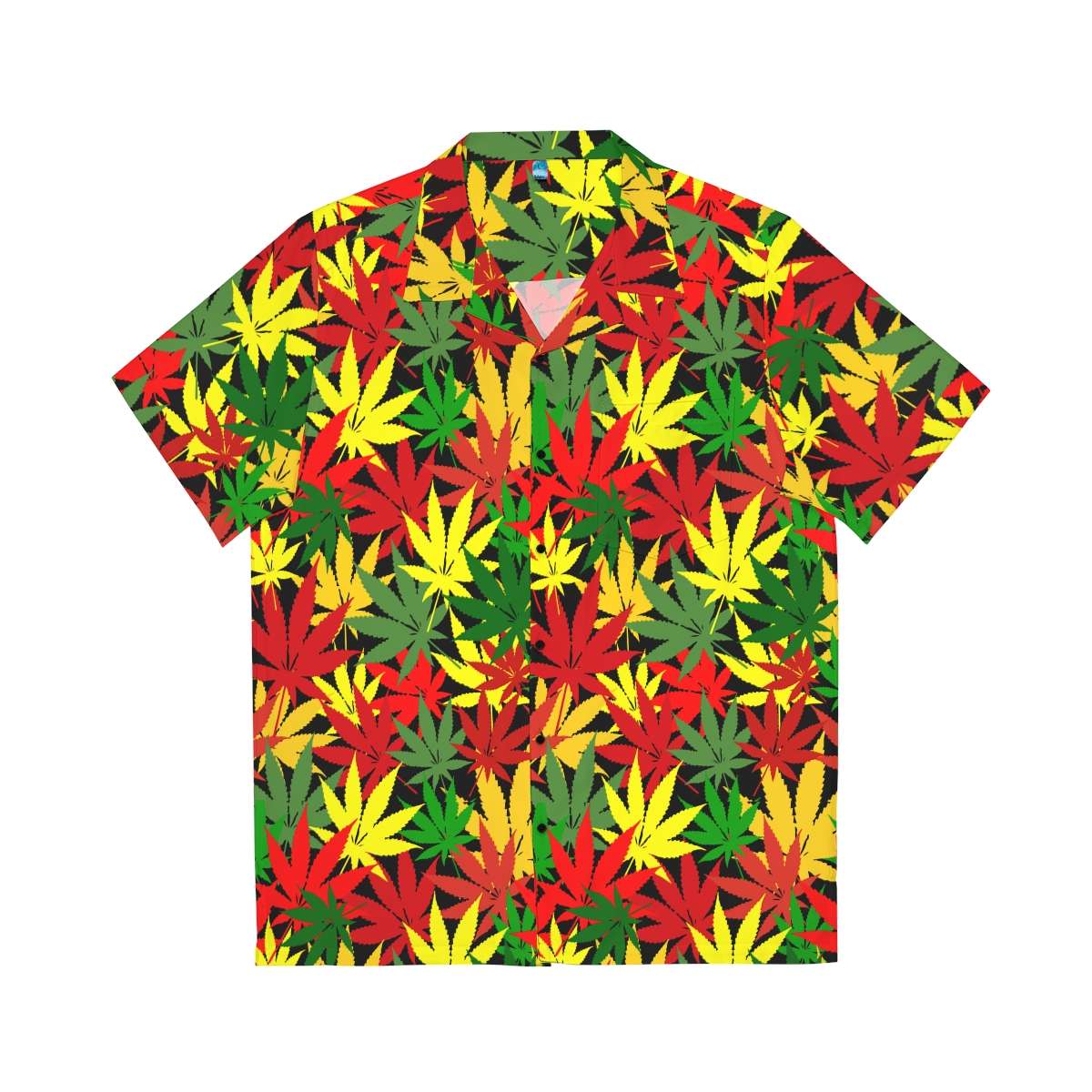 Rasta Hemp Hawaiian Shirt with a hemp leaf pattern in the Rasta colors front view. Cool and comfortable for Summer days and reggae parties.
