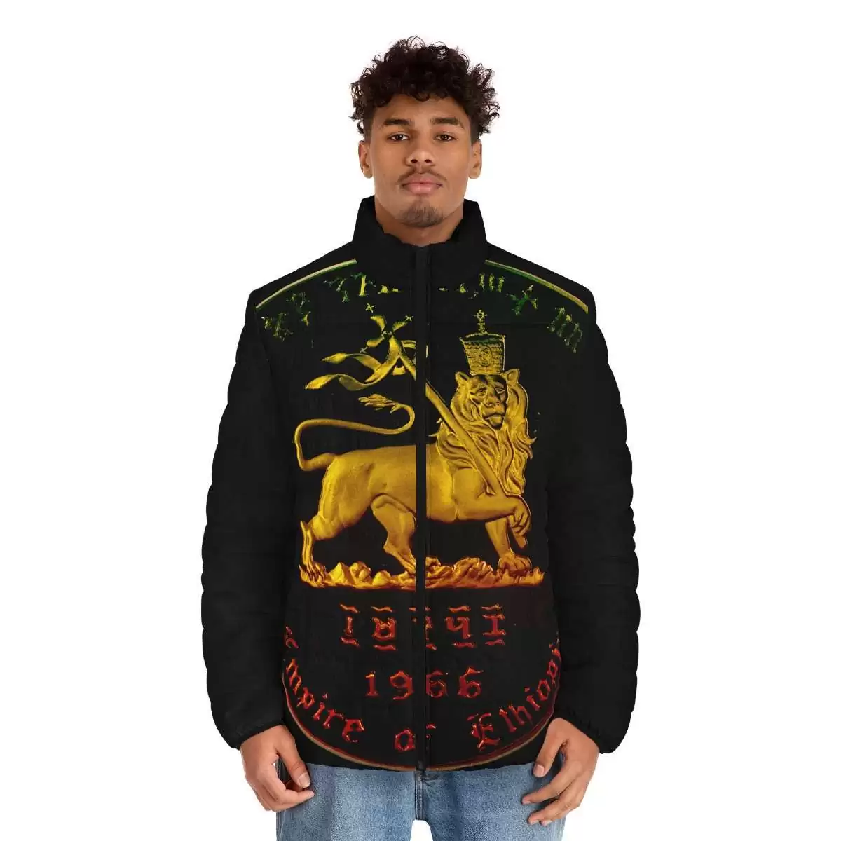 Rasta puffer jacket in black with Lion of Judah on the front and Haile Selassie on the back model front view. Original Rastafarian clothing and merchandise.