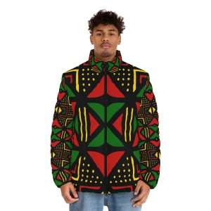 Rasta Africa Puffer Jacket in red gold and green mud cloth design front model view. Rasta Jamaican and Reggae merchandise clothing and accessories.