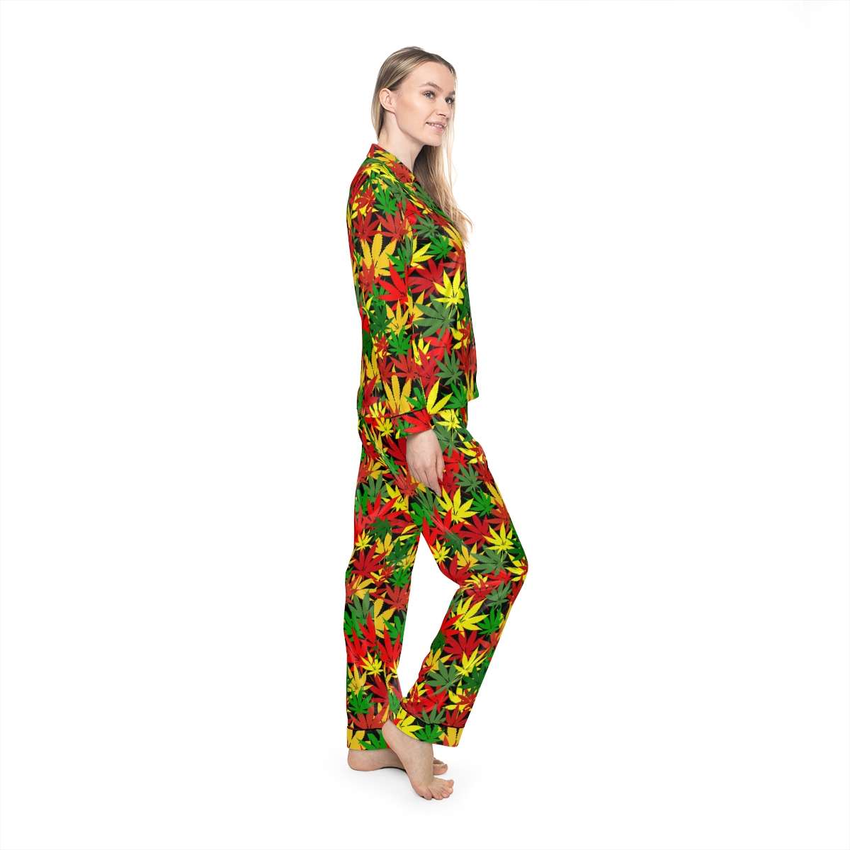 Rasta Hemp Satin Pajamas right side model view with a hemp leaf pattern in the Rastafarian colors. Soft silky and vivid colors. Original Rasta wear at Rastaseed.com