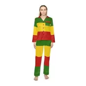 Rasta Satin Pajamas front model view in red gold and green. Silky smooth with black detail. Rastafarian Jamaican and Reggae merchandise in the Rasta colors.