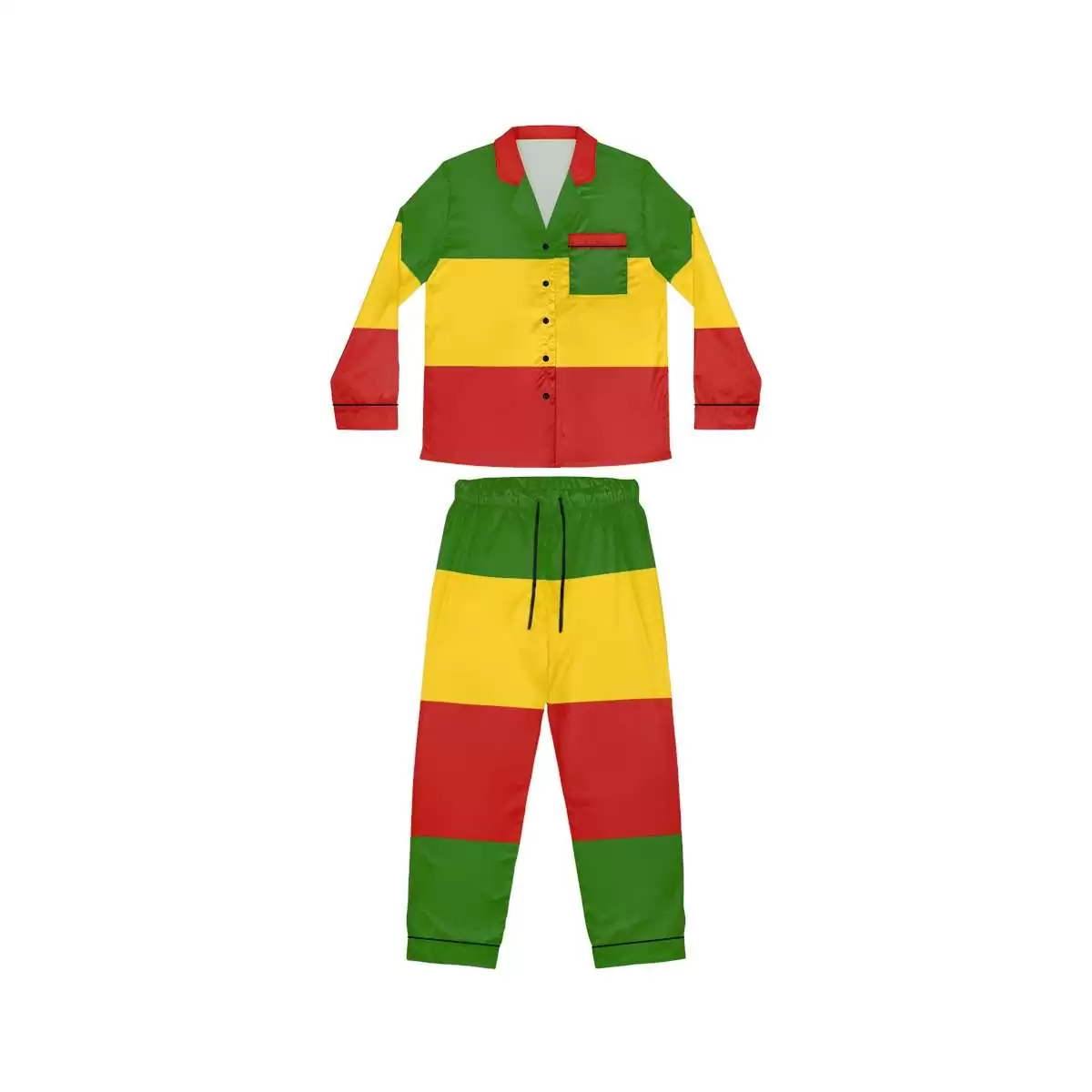Rasta Satin Pajamas front view in red gold and green. Silky smooth with black detail. Rastafarian Jamaican and Reggae merchandise in the Rasta colors.