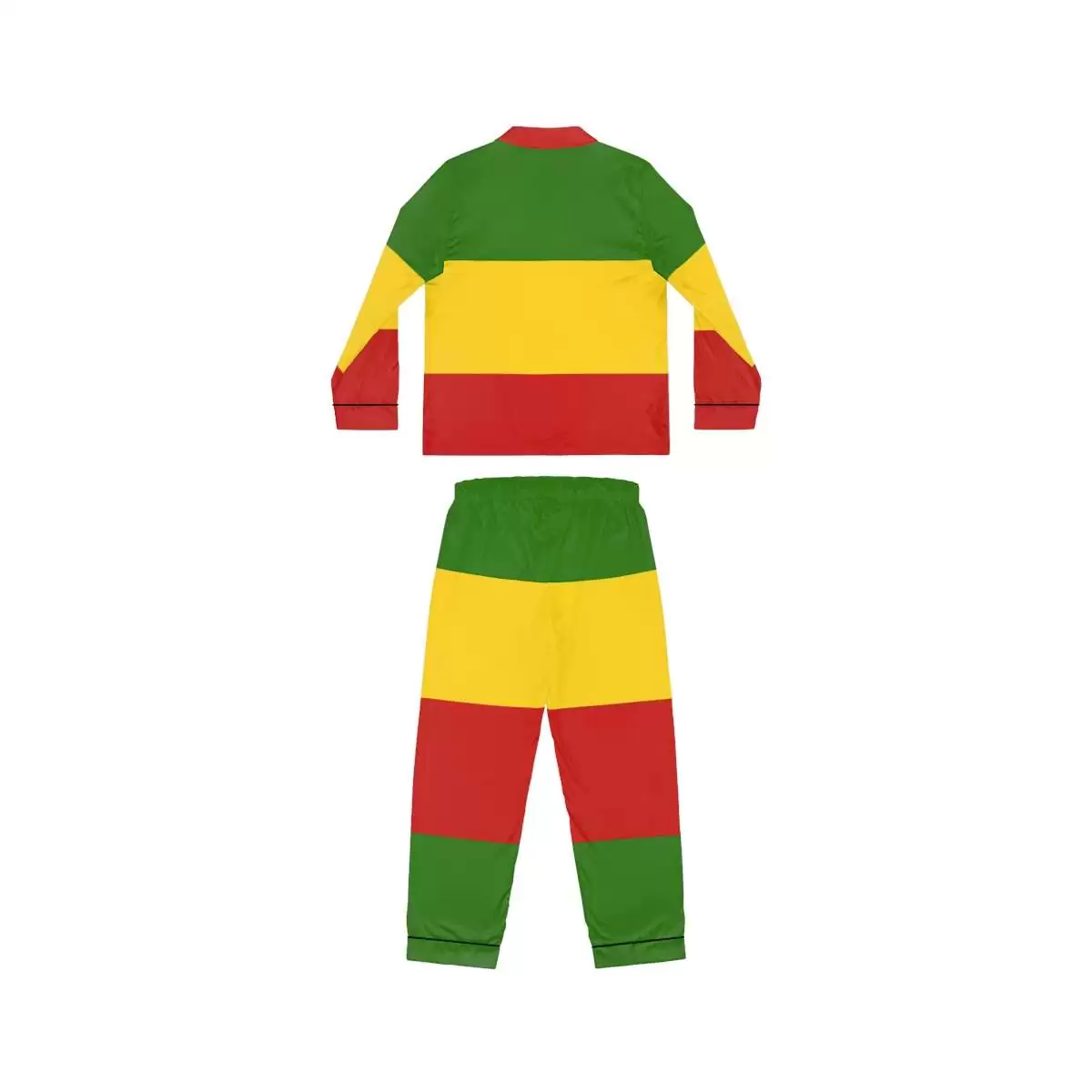 Rasta Satin Pajamas back view in red gold and green. Silky smooth with black detail. Rastafarian Jamaican and Reggae merchandise in the Rasta colors.