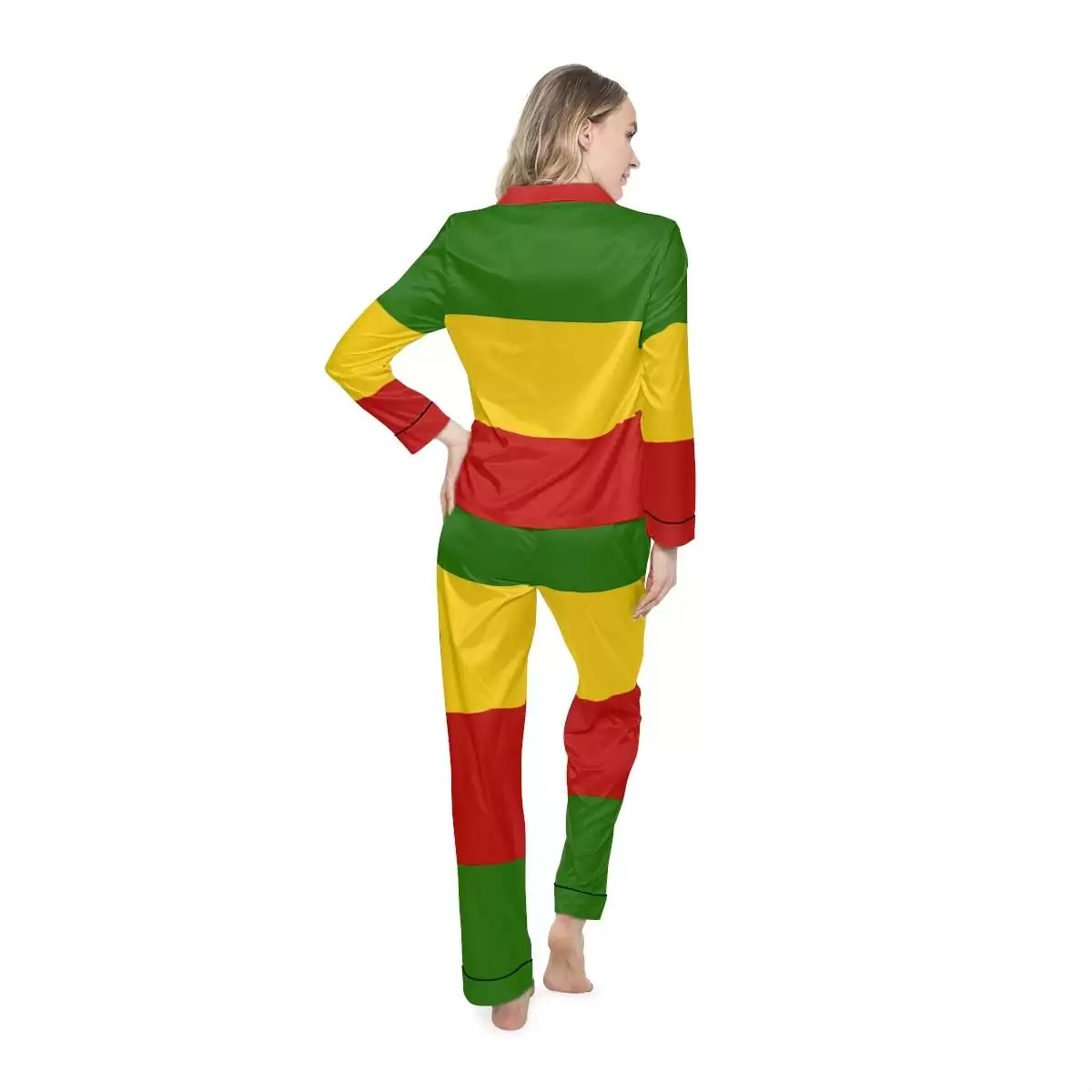 Rasta Satin Pajamas model back view in red gold and green. Silky smooth with black detail. Rastafarian Jamaican and Reggae merchandise in the Rasta colors.