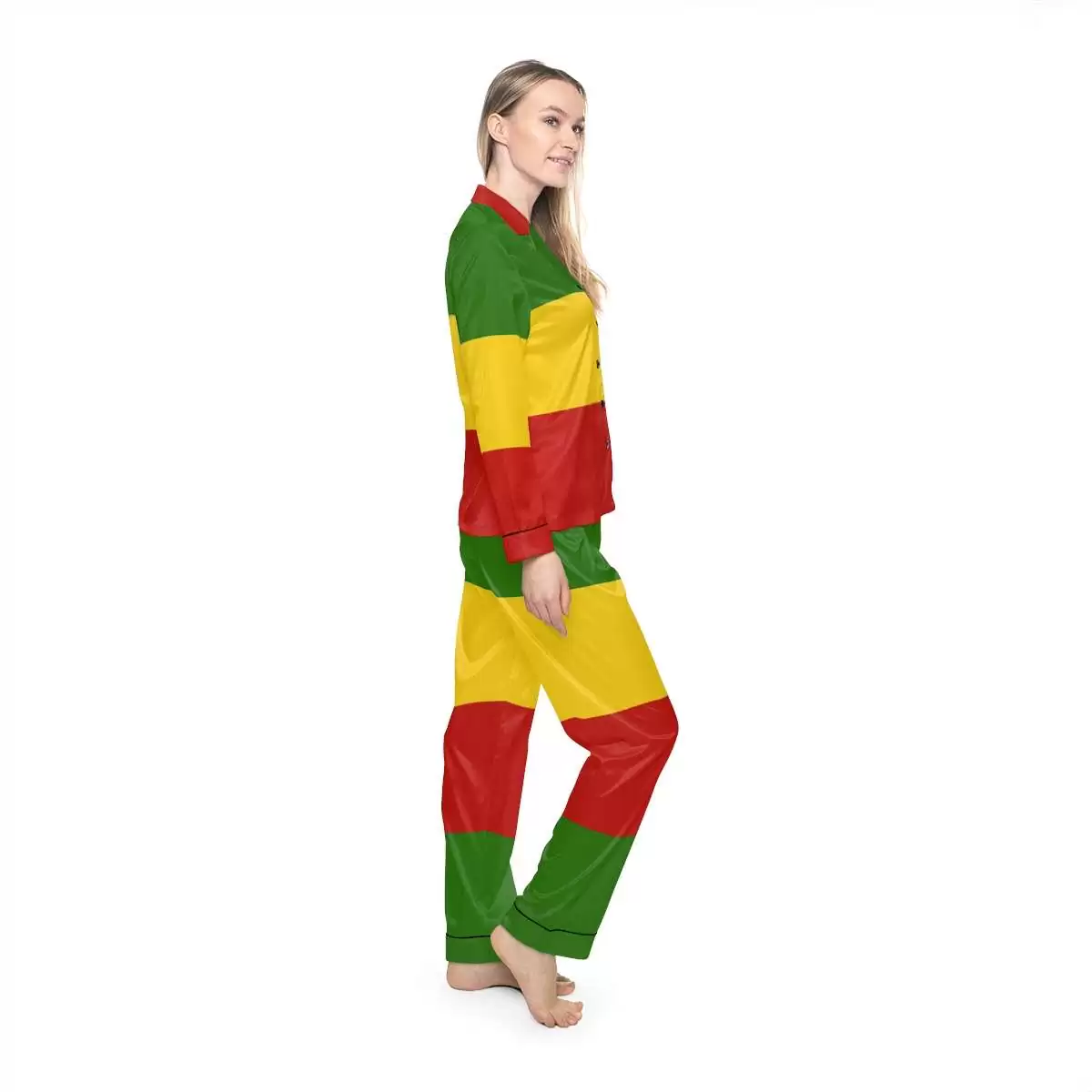 Rasta Satin Pajamas model right side view in red gold and green. Silky smooth with black detail. Rastafarian Jamaican and Reggae merchandise in the Rasta colors.