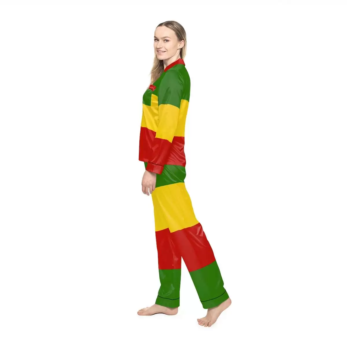 Rasta Satin Pajamas model left side view in red gold and green. Silky smooth with black detail. Rastafarian Jamaican and Reggae merchandise in the Rasta colors.