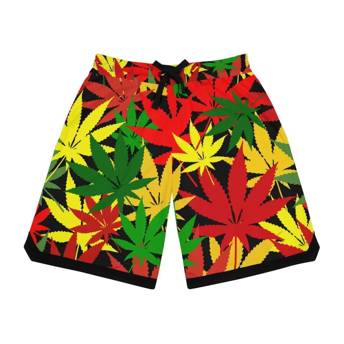 Rasta Hemp Basketball Shorts front view with hemp leaf graphic in Rastafarian colors. Rastaseed original Jamaican Reggae and Rasta gear.