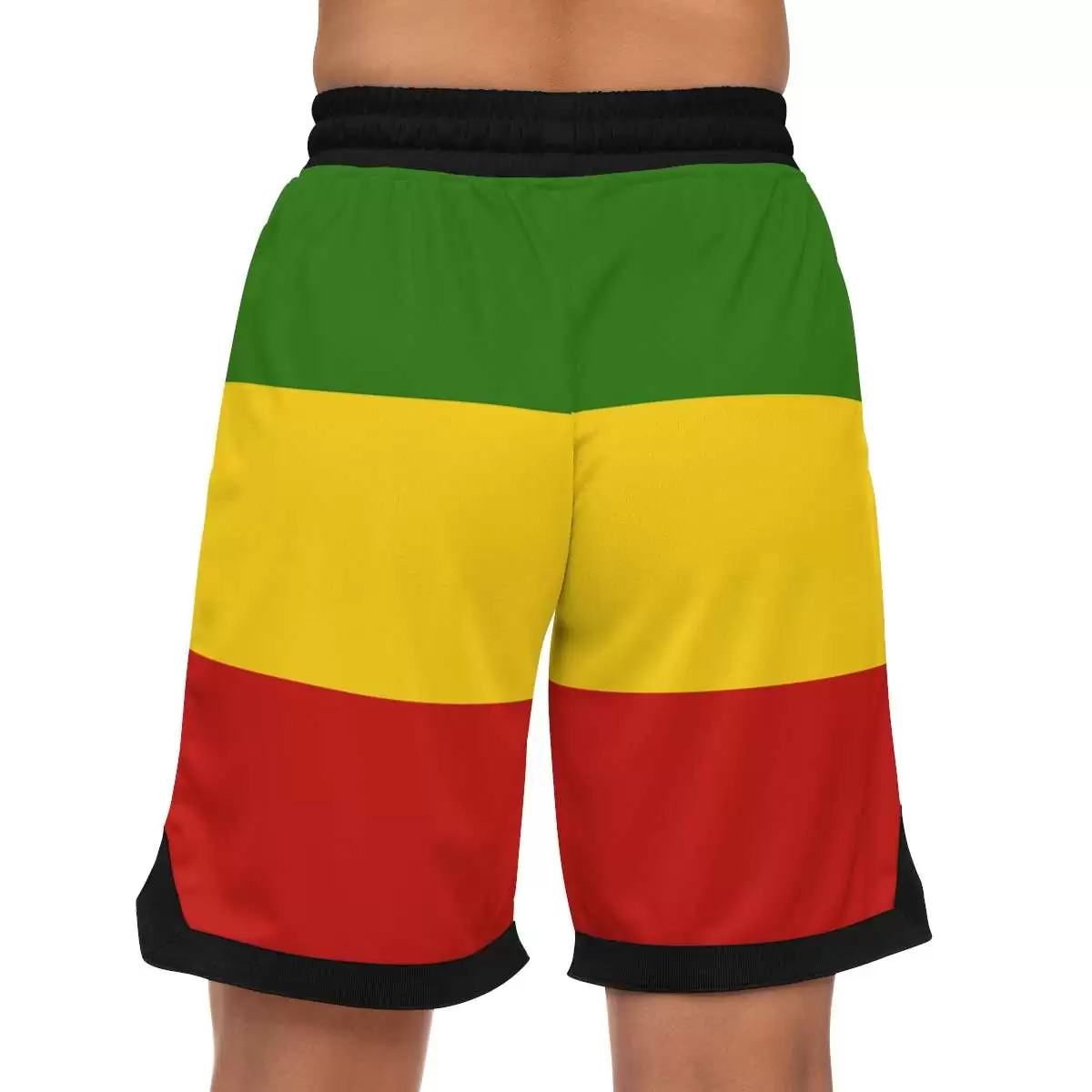 Rasta Basketball Shorts model back view in red gold and green with black trim and number twenty three. Rastaseed original merchandise and clothing.