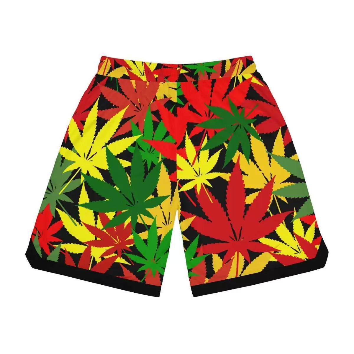 Rasta Hemp Basketball Shorts back view with hemp leaf graphic in Rastafarian colors. Rastaseed original Jamaican Reggae and Rasta gear.