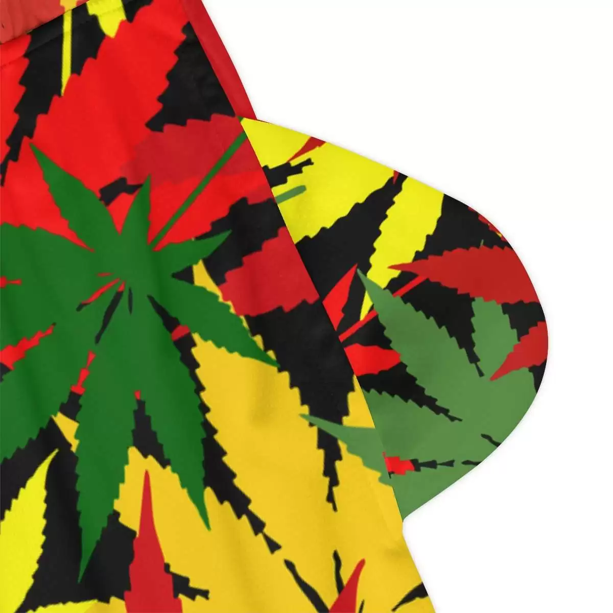 Rasta Hemp Basketball Shorts close up pocket view with hemp leaf graphic in Rastafarian colors. Rastaseed original Jamaican Reggae and Rasta gear.