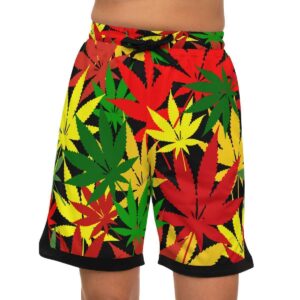 Rasta Hemp Basketball Shorts model front view with hemp leaf graphic in Rastafarian colors. Rastaseed original Jamaican Reggae and Rasta gear.