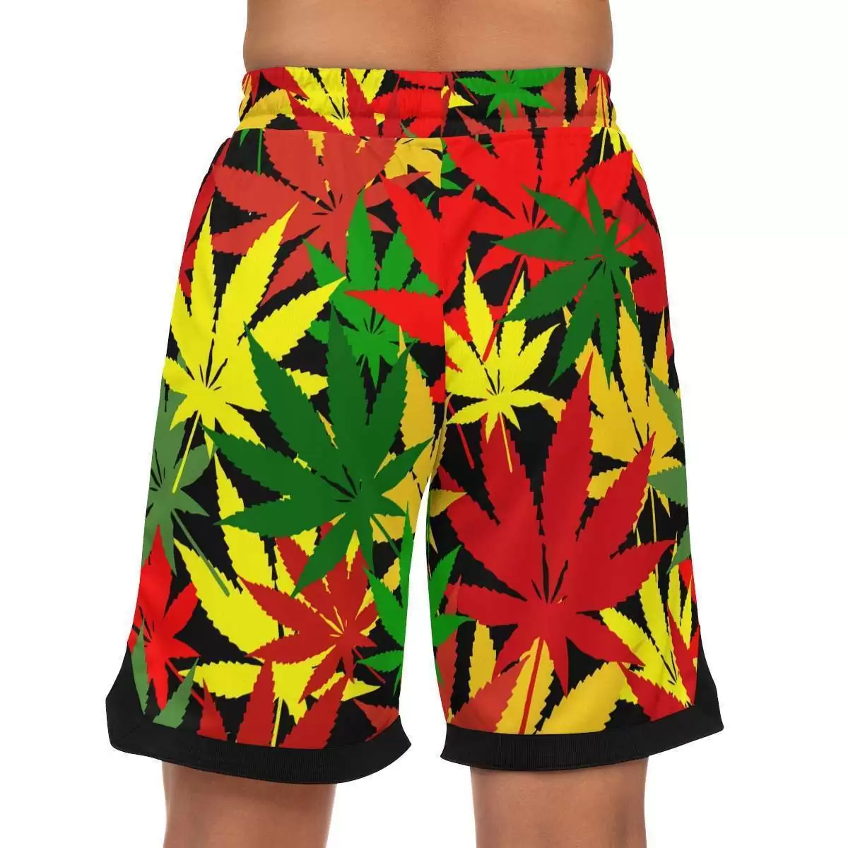 Rasta Hemp Basketball Shorts model back view with hemp leaf graphic in Rastafarian colors. Rastaseed original Jamaican Reggae and Rasta gear.