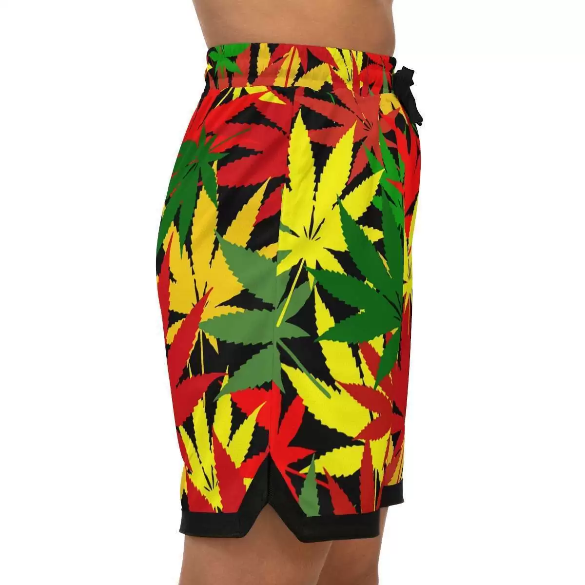 Rasta Hemp Basketball Shorts model side view with hemp leaf graphic in Rastafarian colors. Rastaseed original Jamaican Reggae and Rasta gear.