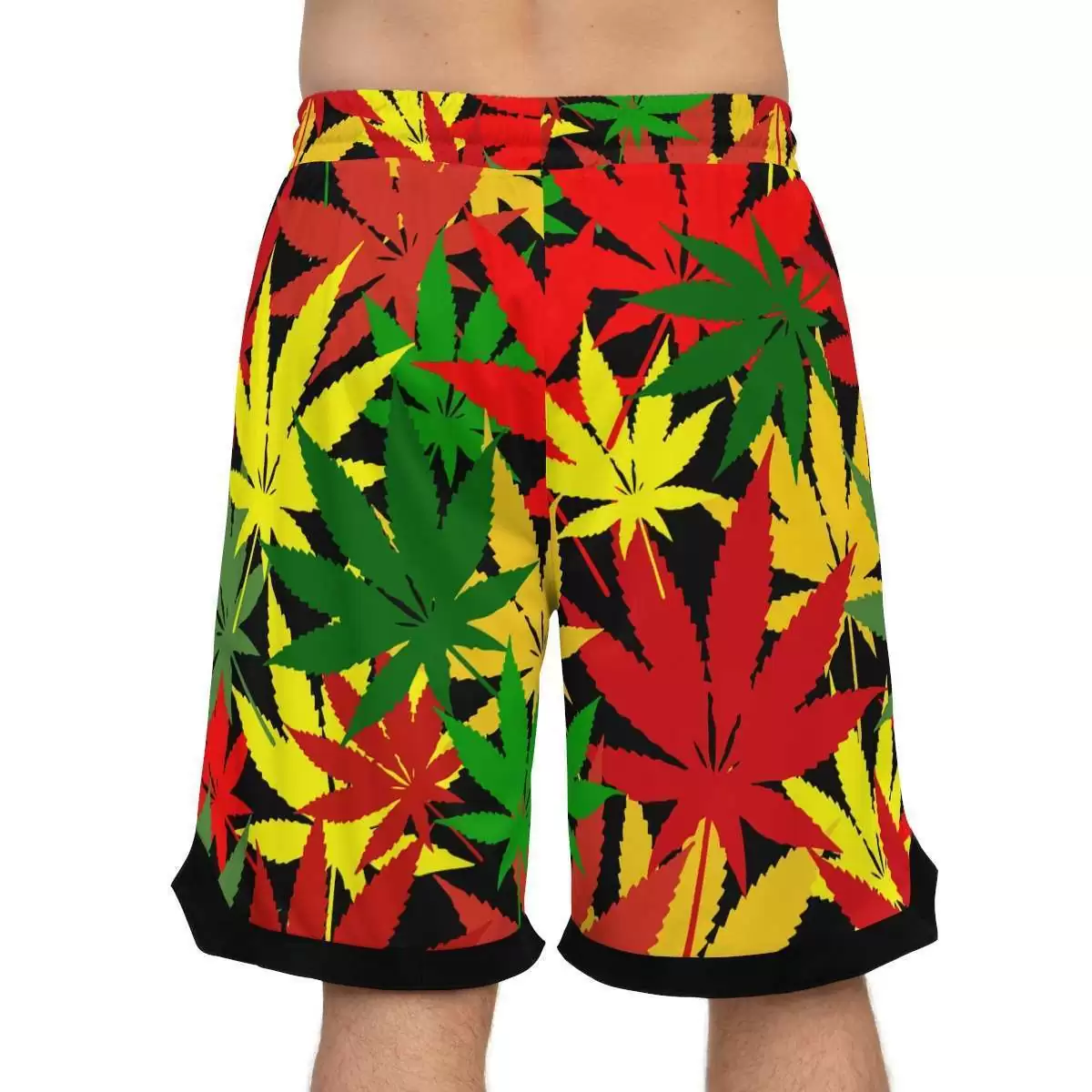 Rasta Hemp Basketball Shorts model two back view with hemp leaf graphic in Rastafarian colors. Rastaseed original Jamaican Reggae and Rasta gear.
