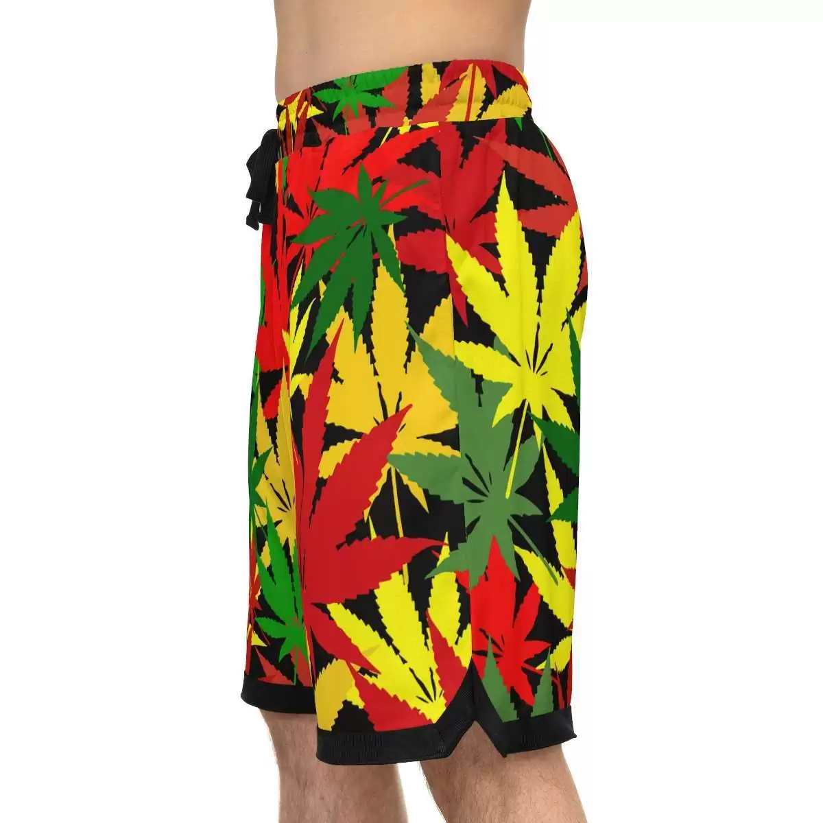 Rasta Hemp Basketball Shorts model left side view with hemp leaf graphic in Rastafarian colors. Rastaseed original Jamaican Reggae and Rasta gear.